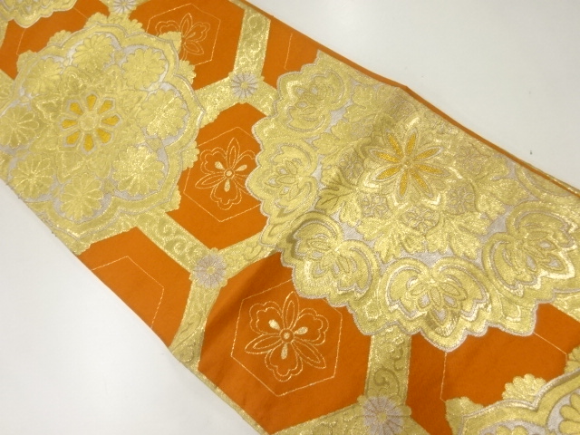 JAPANESE KIMONO / ANTIQUE FUKURO OBI / WOVEN KIKKO & FLORAL CREST